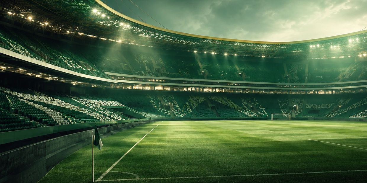 Empty soccer stadium with bright lights and cloudy sky.