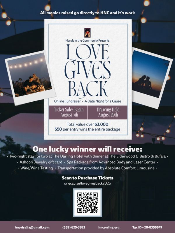 Flyer for 'Love Gives Back' online fundraiser event.