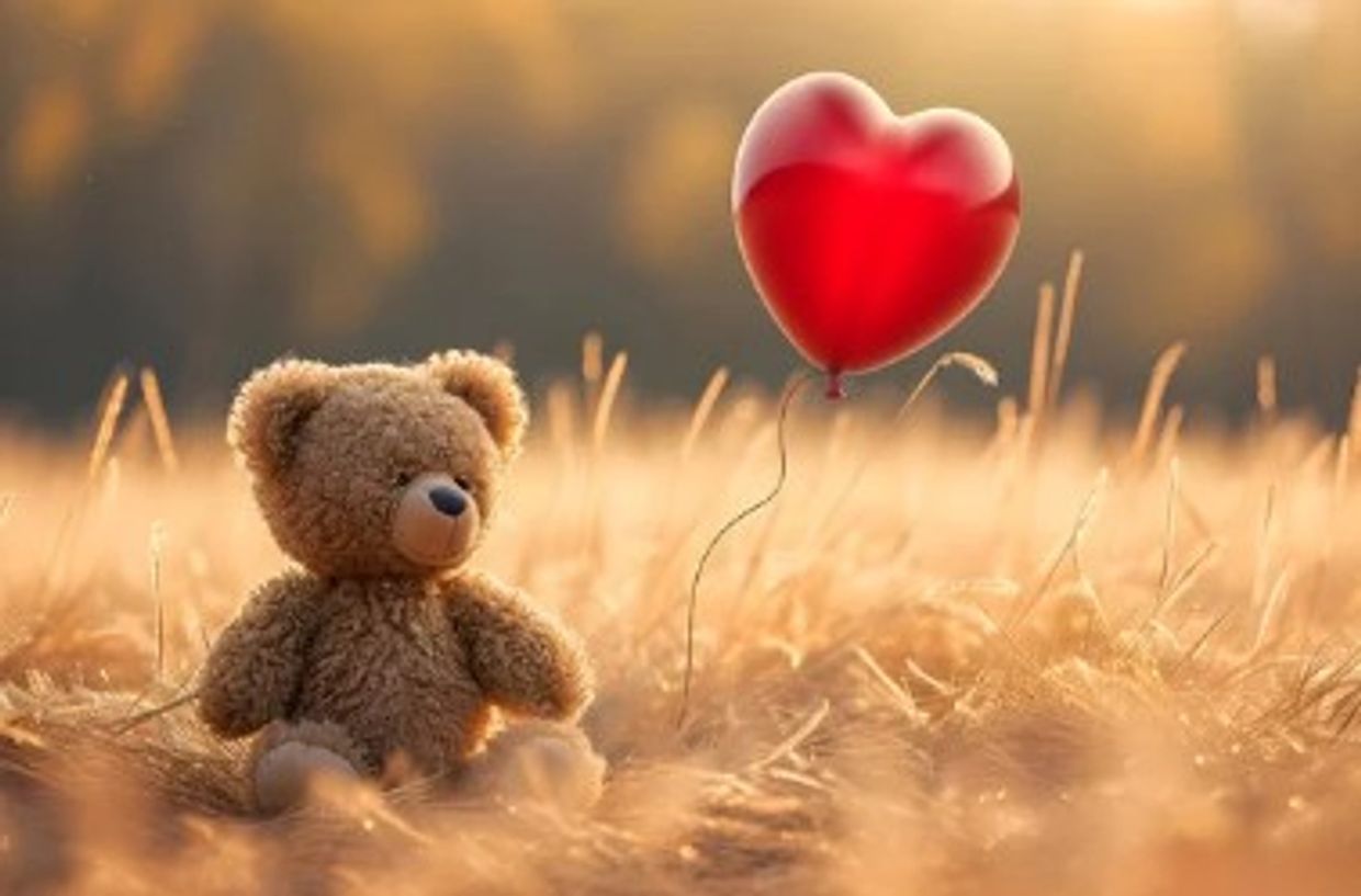Teddy bear in a field with a red heart balloon.