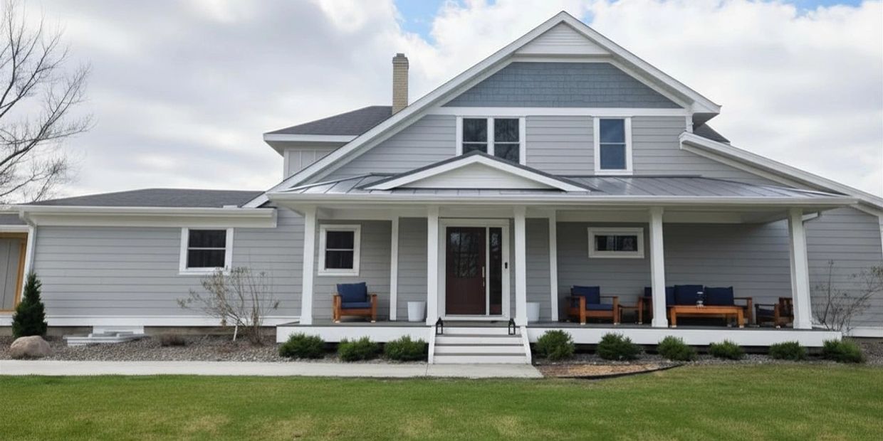 Modern gray house with a spacious porch and blue cushioned seating.
