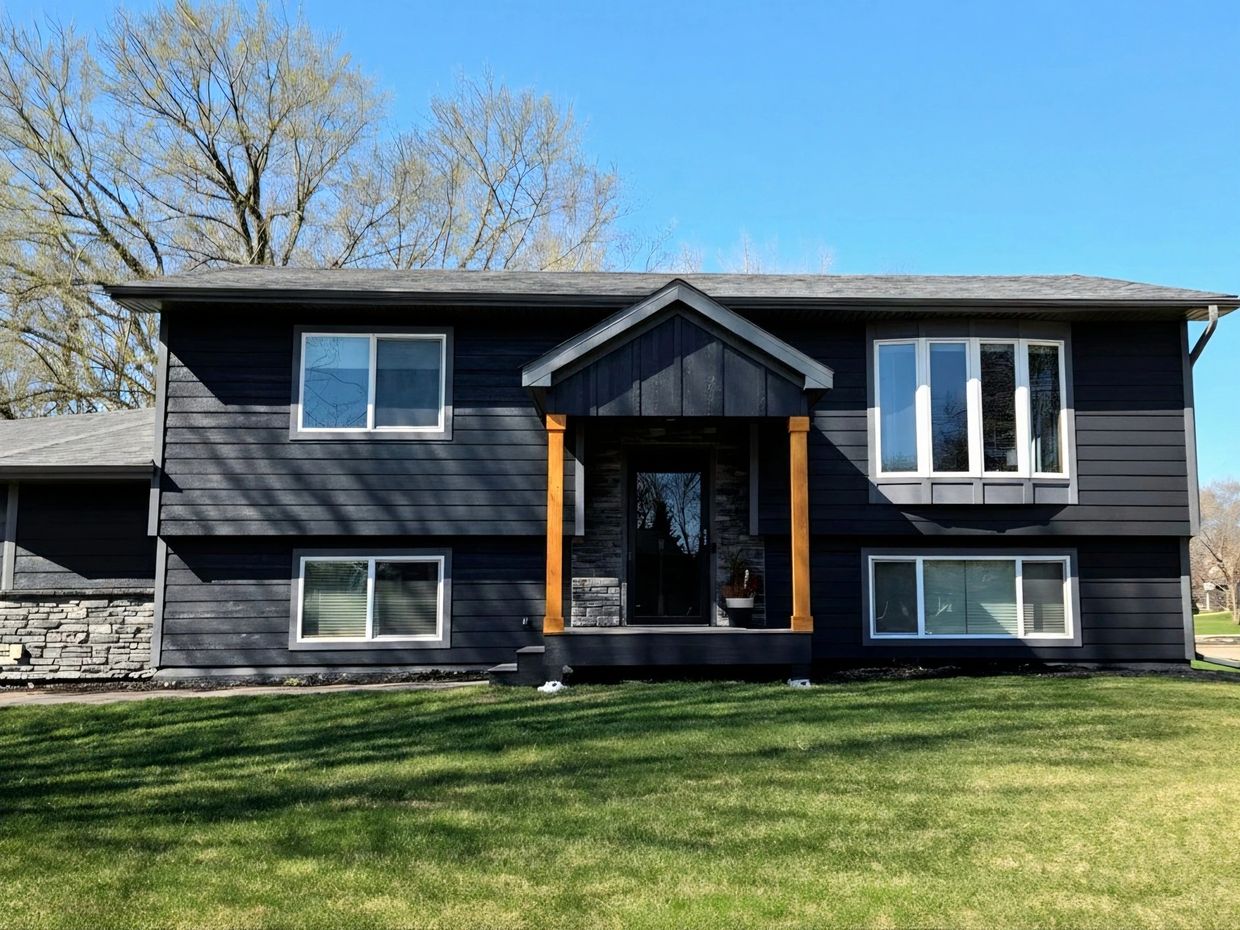 Modern dark gray house with wooden porch columns and large windows on a sunny day.