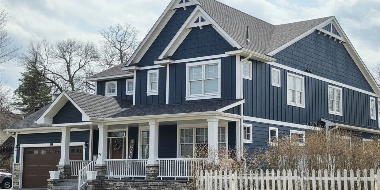 Large blue house with white trim and a white picket fence.