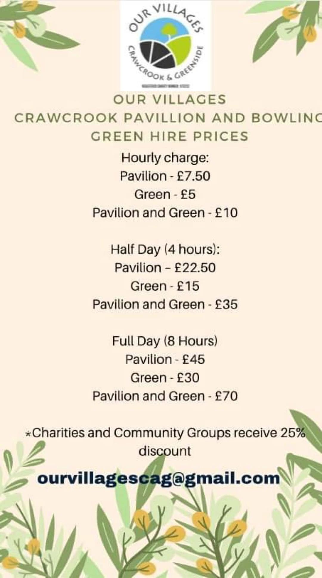 Pricing for Crawcrook Pavilion and Bowling Green hire with discounts for charities.