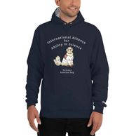 Image is of a model wearing an International Alliance for Ability in Science blue hoodie with a draw