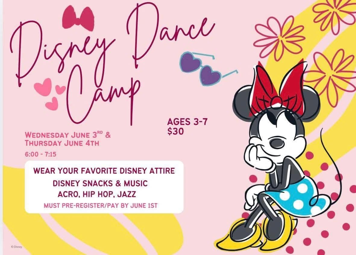 Disney Dance Camp for kids ages 3-7 with snacks, music, and dance styles.