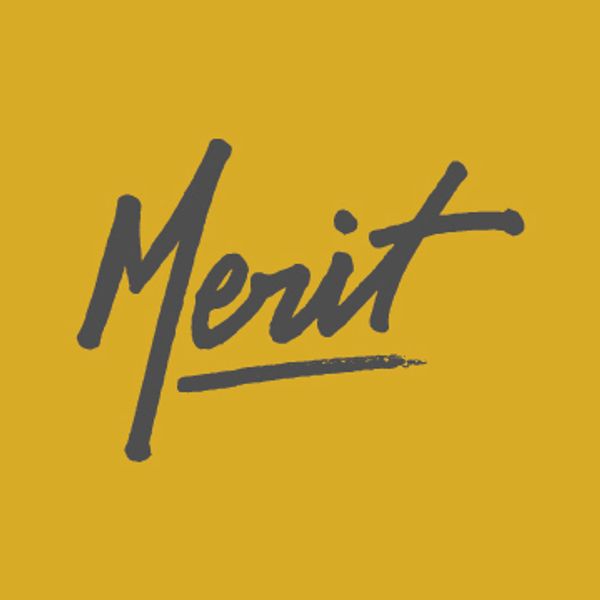 The word 'Merit' written in stylish black script on a mustard yellow background.