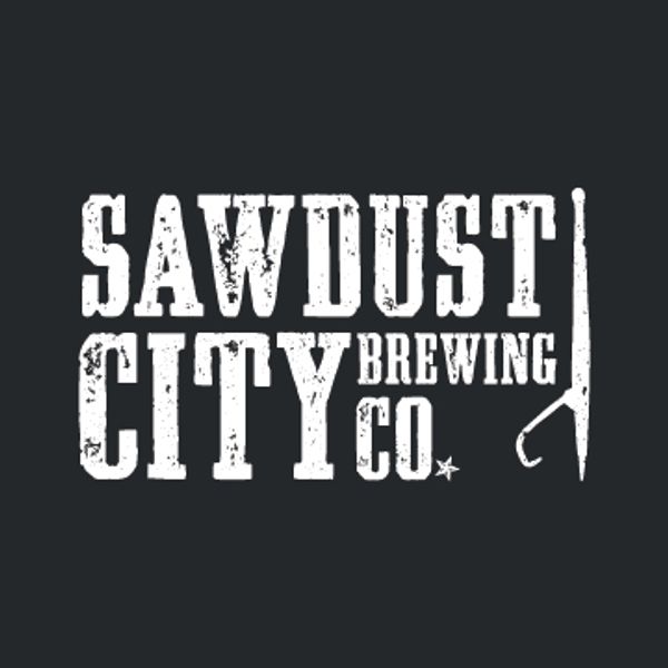 Logo for Sawdust City Brewing Co. with a fishing hook graphic.
