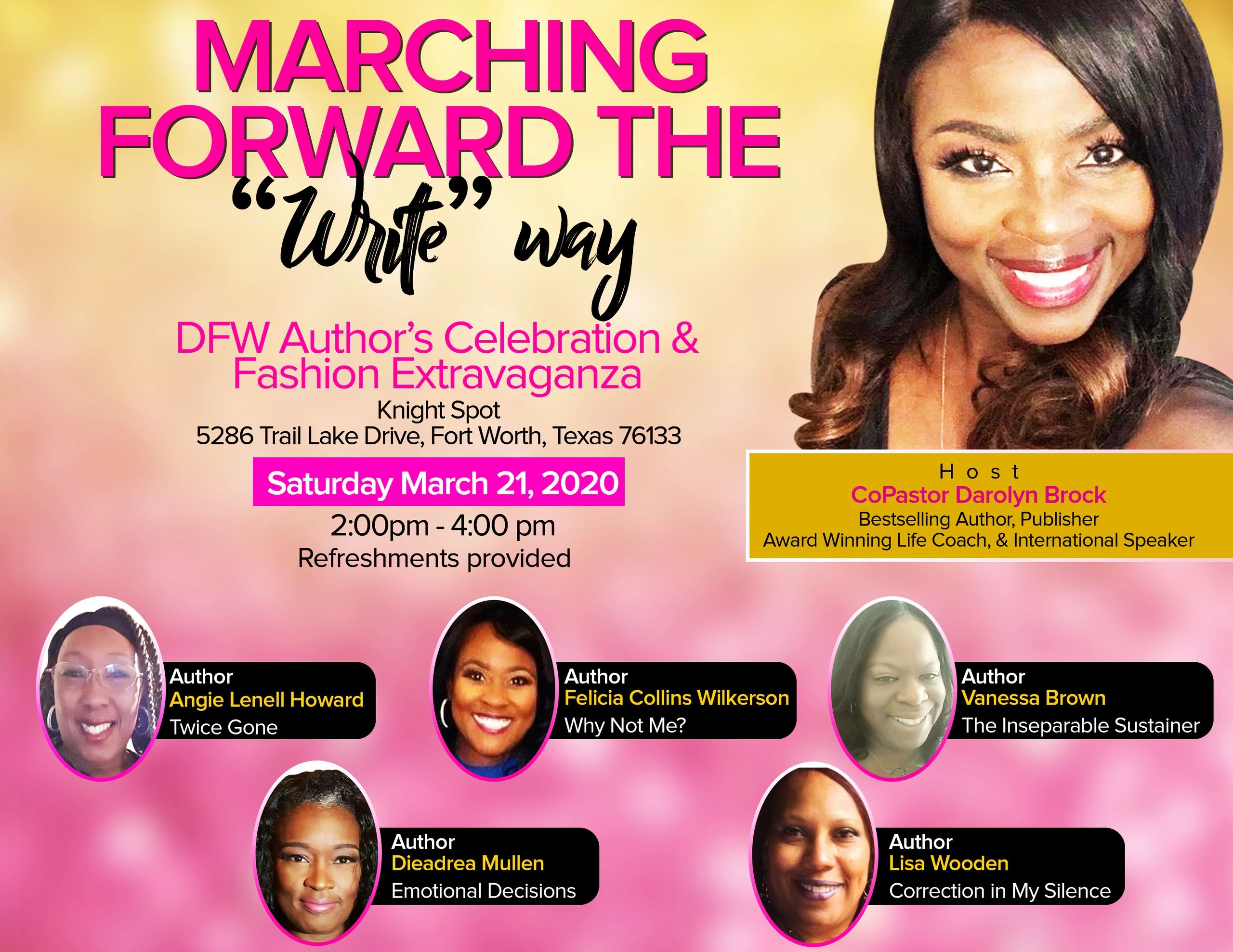 Event flyer for DFW Author's Celebration &amp; Fashion Extravaganza on March 21, 2020, featuring multiple authors.