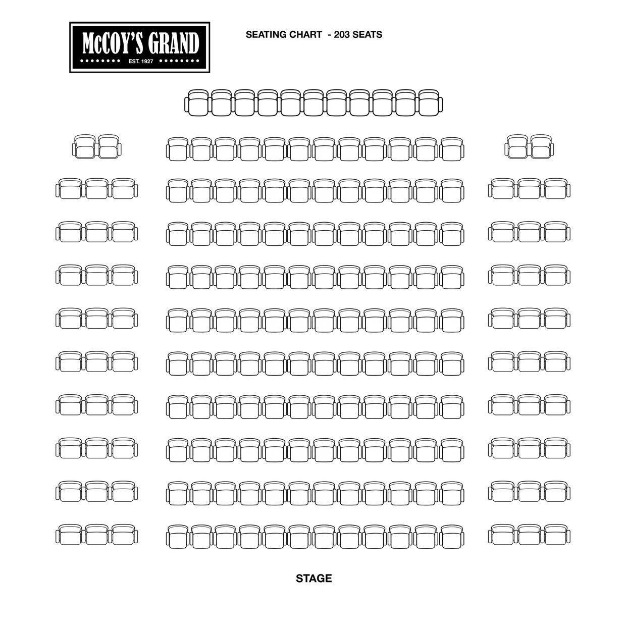 Seating chart for McCoy's Grand theater with 203 seats.