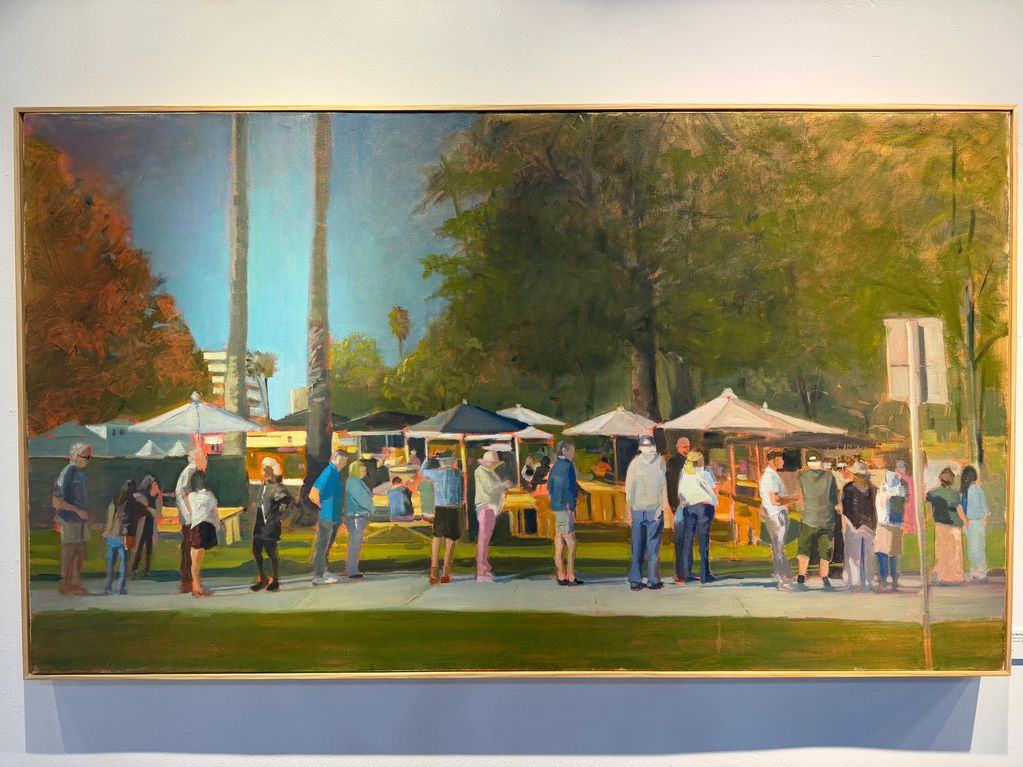 Painting of people queuing outdoors near market stalls on a sunny day.