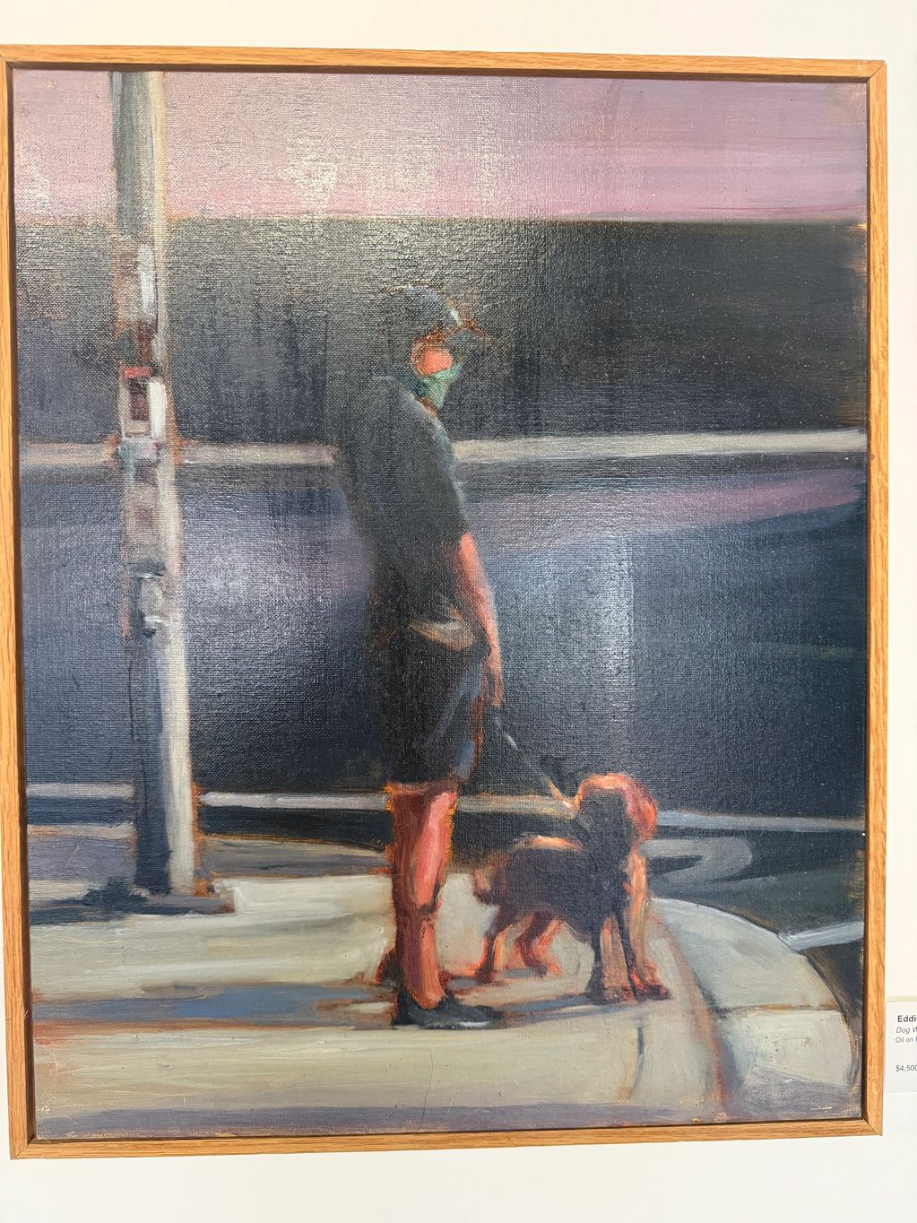 Painting of a person walking a dog at dusk in soft light.
