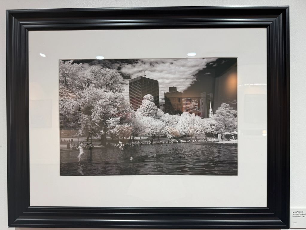Black and white photo of people swimming in a city park pond with tall buildings in the background.