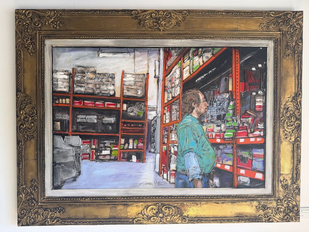 Painting of a man in a storage room with shelves full of items.