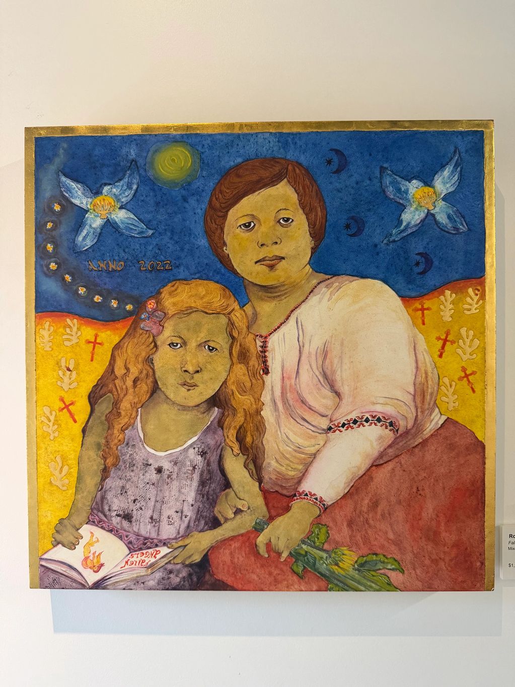 Painting of two figures under a night sky with symbolic elements.