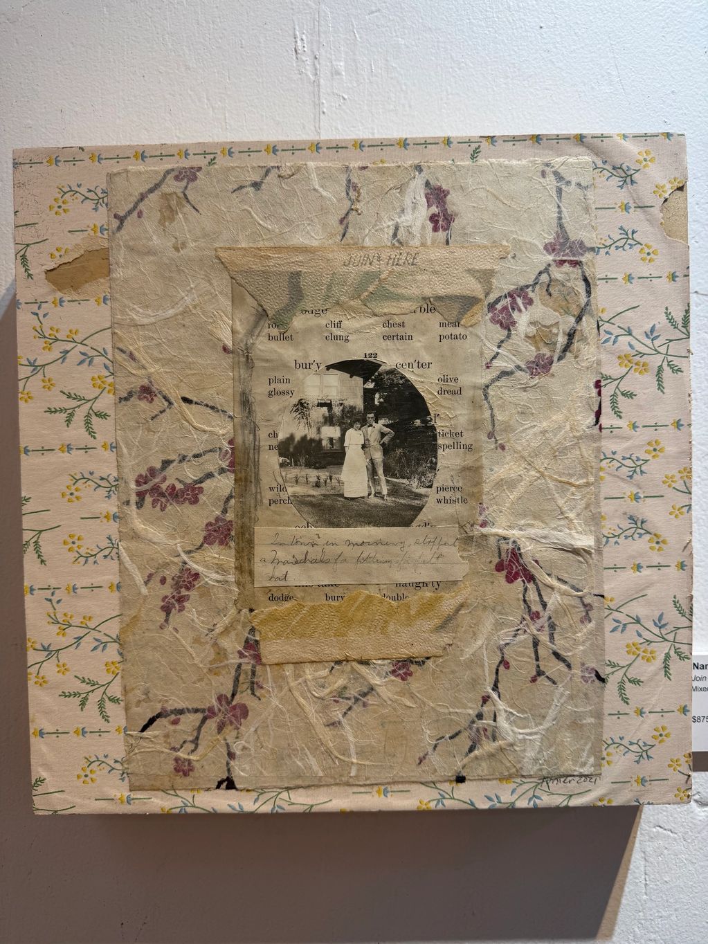 Vintage mixed media art with an old photo and floral textured paper.