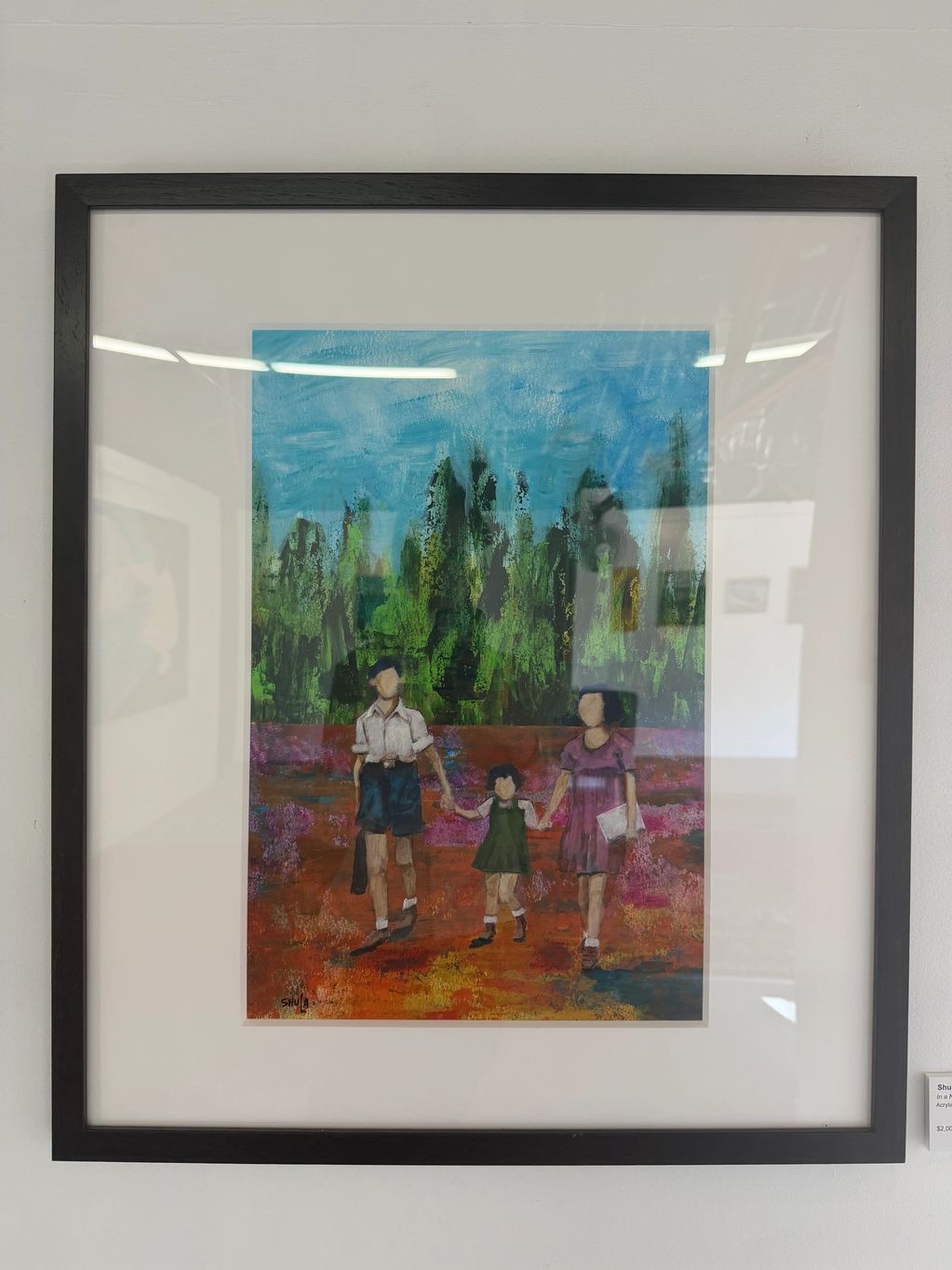 Painting of a family walking hand in hand outdoors with trees and blue sky.