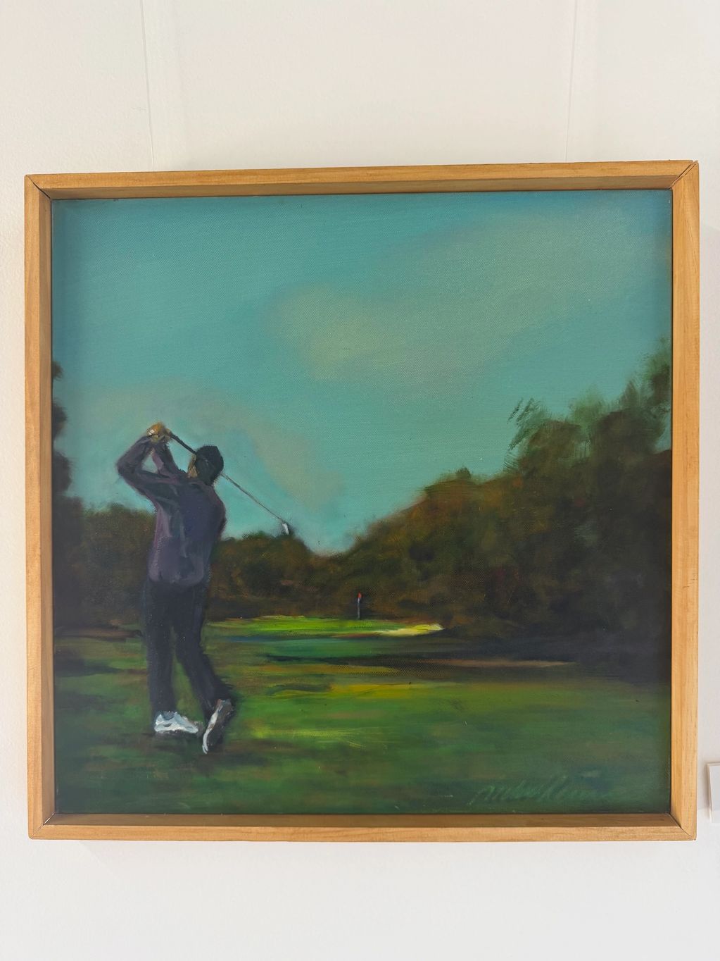 Painting of a golfer mid-swing on a green golf course under a blue sky.