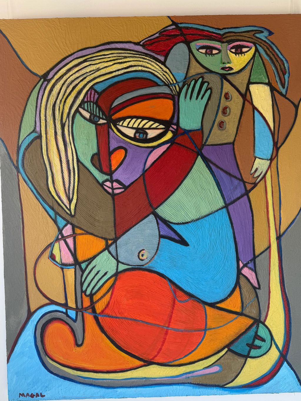 Abstract cubist painting of two stylized human figures with vivid colors.