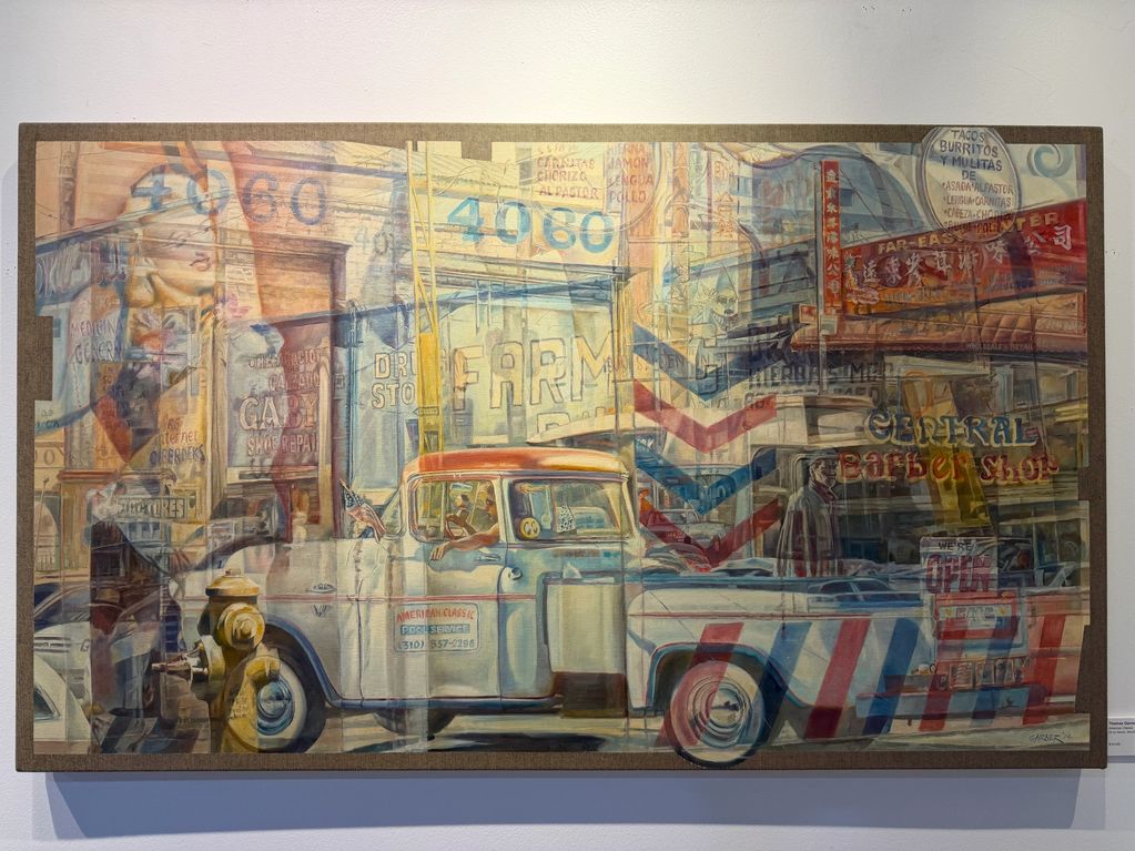 A layered painting of urban life with a vintage truck and street signs.