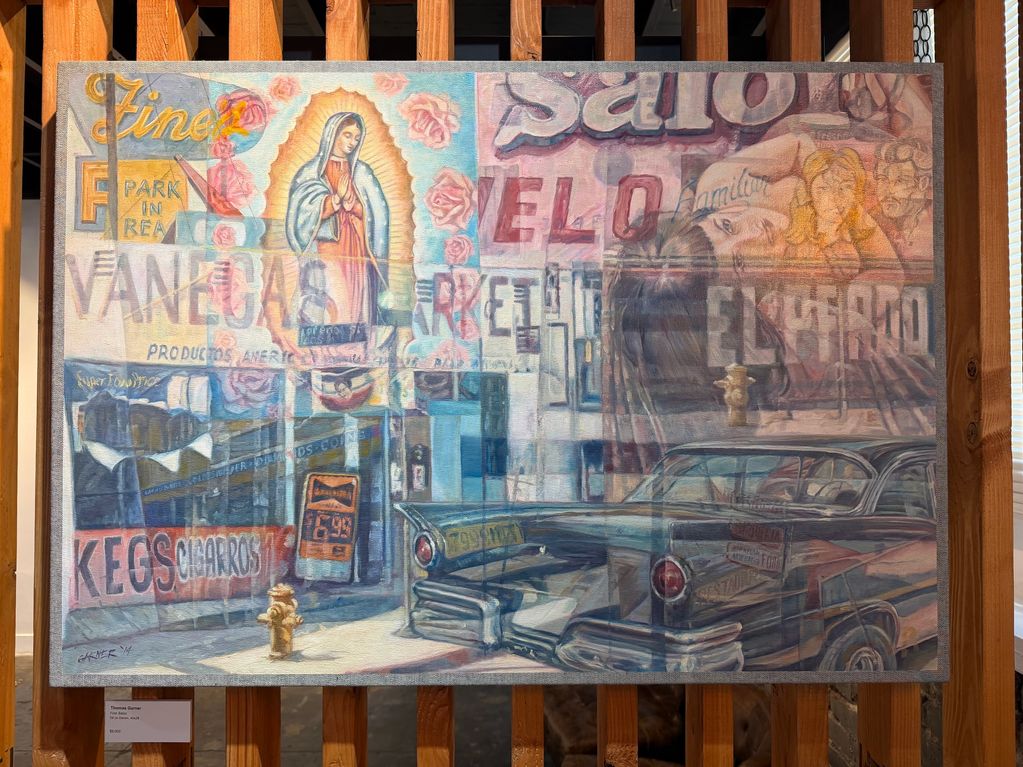 A vibrant painting blending vintage car, religious imagery, and urban signage.