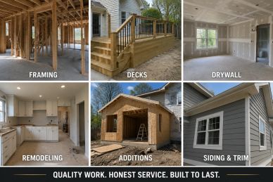 Construction phases from framing to finishing exterior siding.