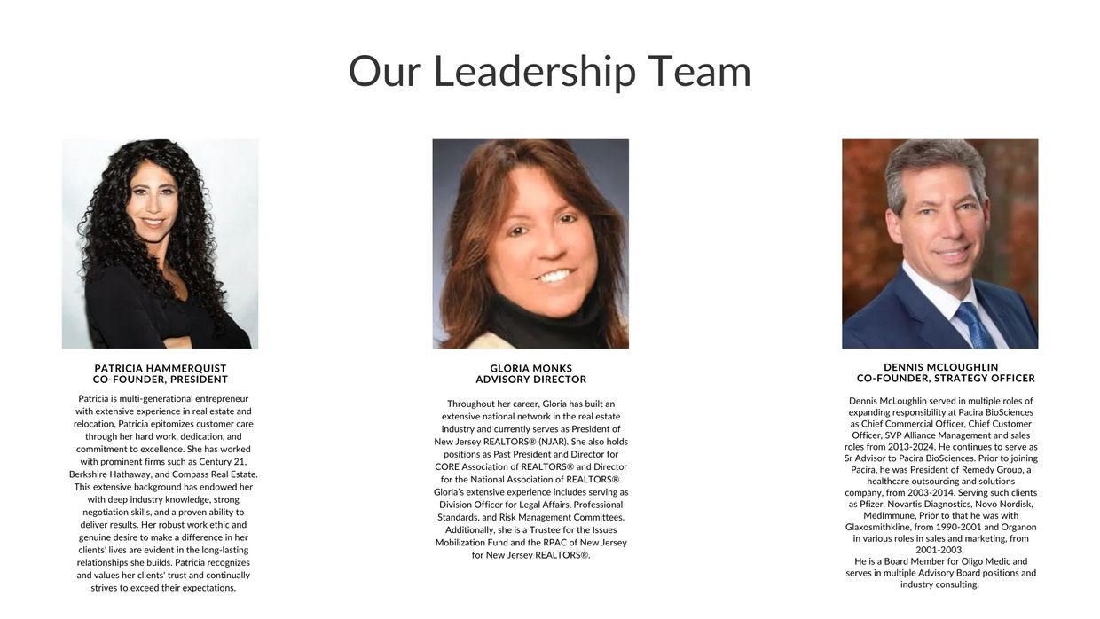 Corporate leadership team portraits with bios underneath each photo.