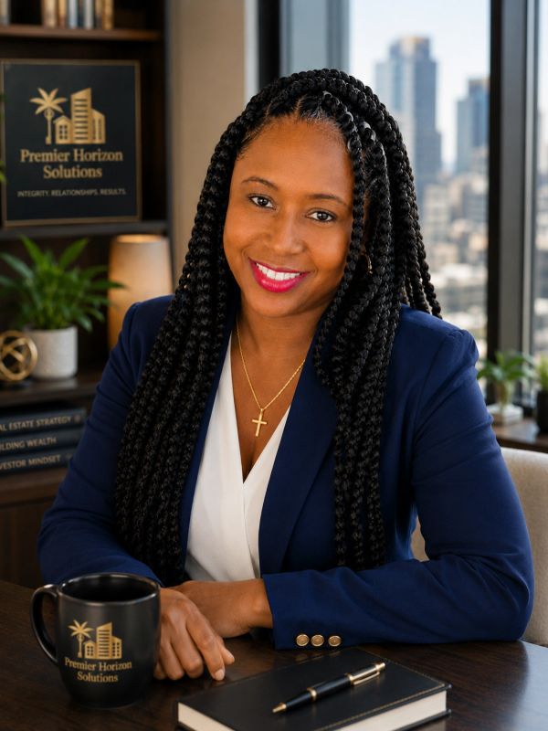 Professional woman in office with Premier Horizon Solutions branding.