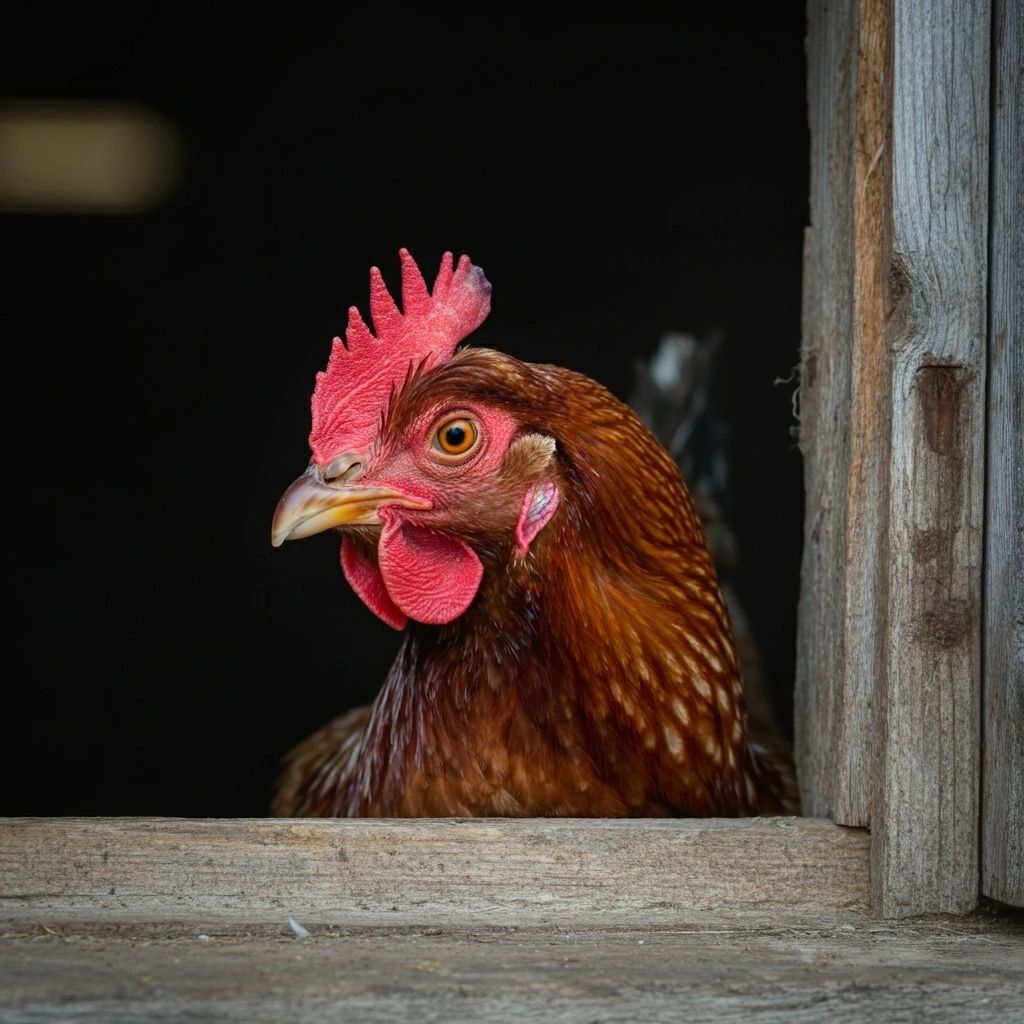 A chicken peeping out a wooden window looking to the left.