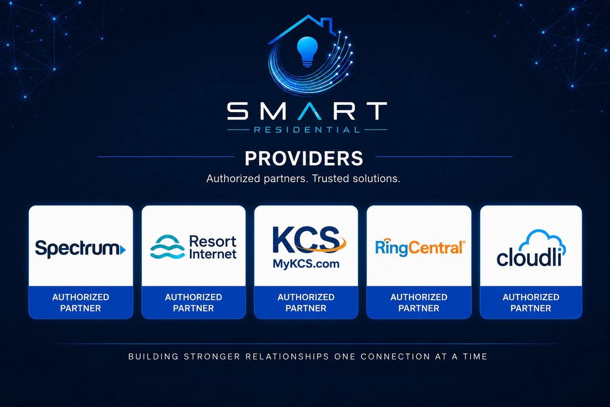 Smart Residential authorized partners logos on a dark blue background.