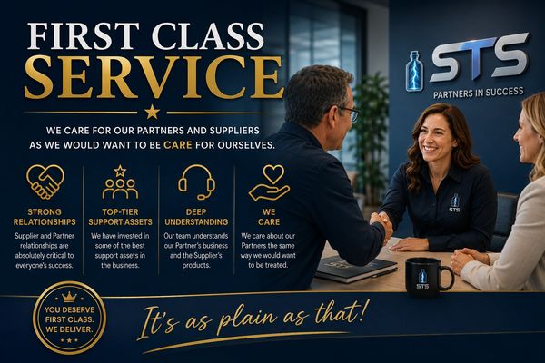 Business professionals discussing first-class service and partnerships at STS.