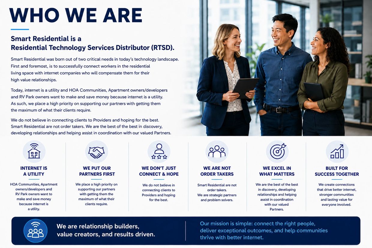 Smart Residential connects residential internet services, prioritizing partnerships and community success.