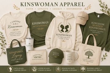 Kinswoman Apparel collection featuring faith-inspired clothing and accessories.
