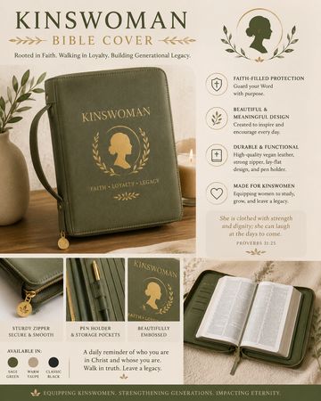 Elegant Kinswoman Bible cover with faith-inspired design and durable vegan leather.