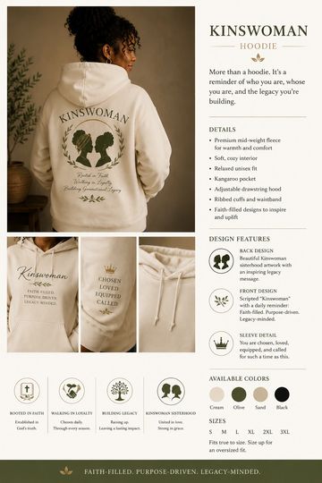 Kinswoman hoodie showcasing faith-filled, legacy-inspired design in cream color.
