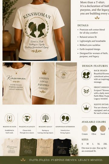 Kinswoman T-shirt showcasing faith, purpose, and legacy with detailed design features and available colors.