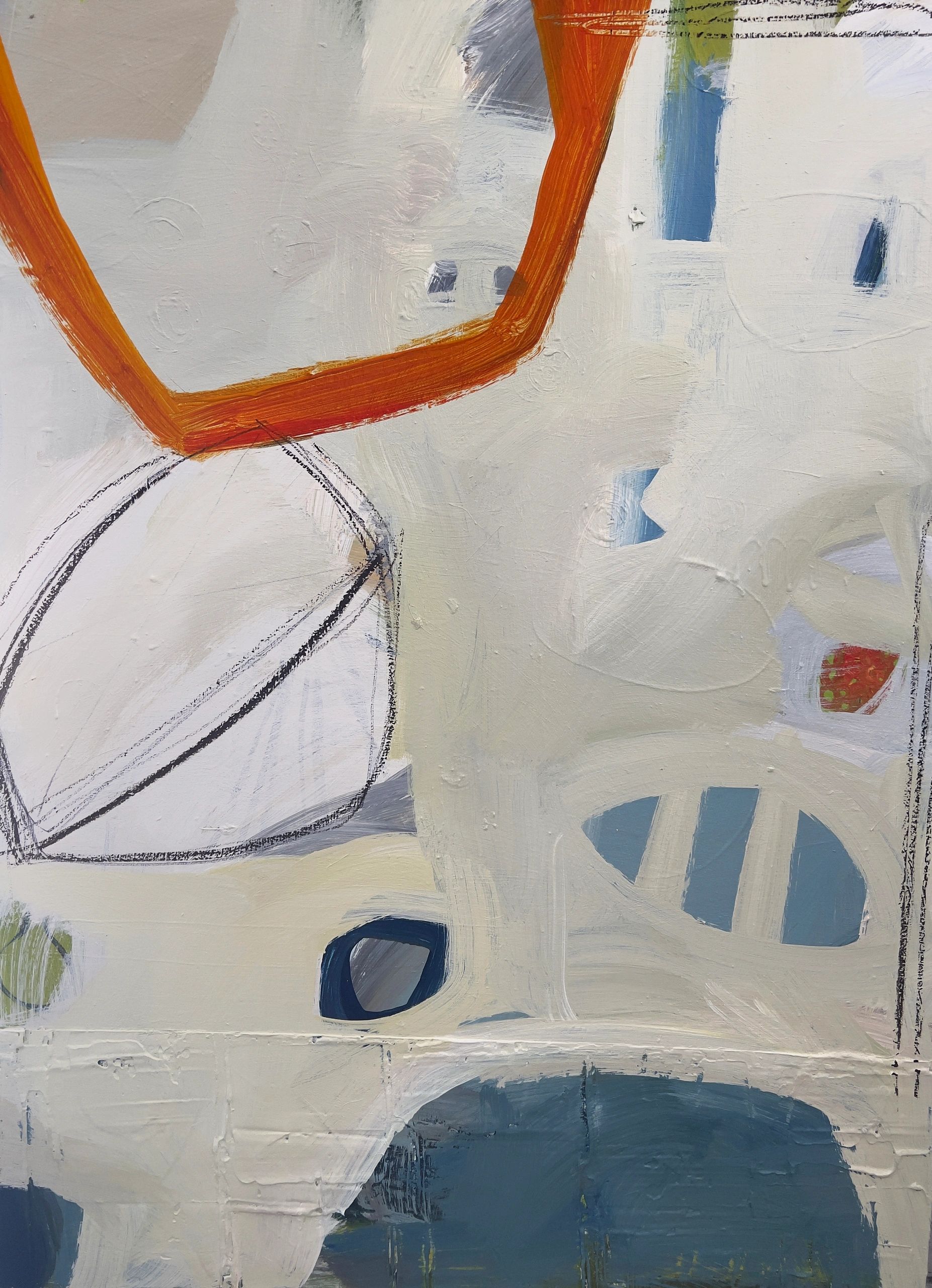 Abstract painting with geometric shapes and muted colors.