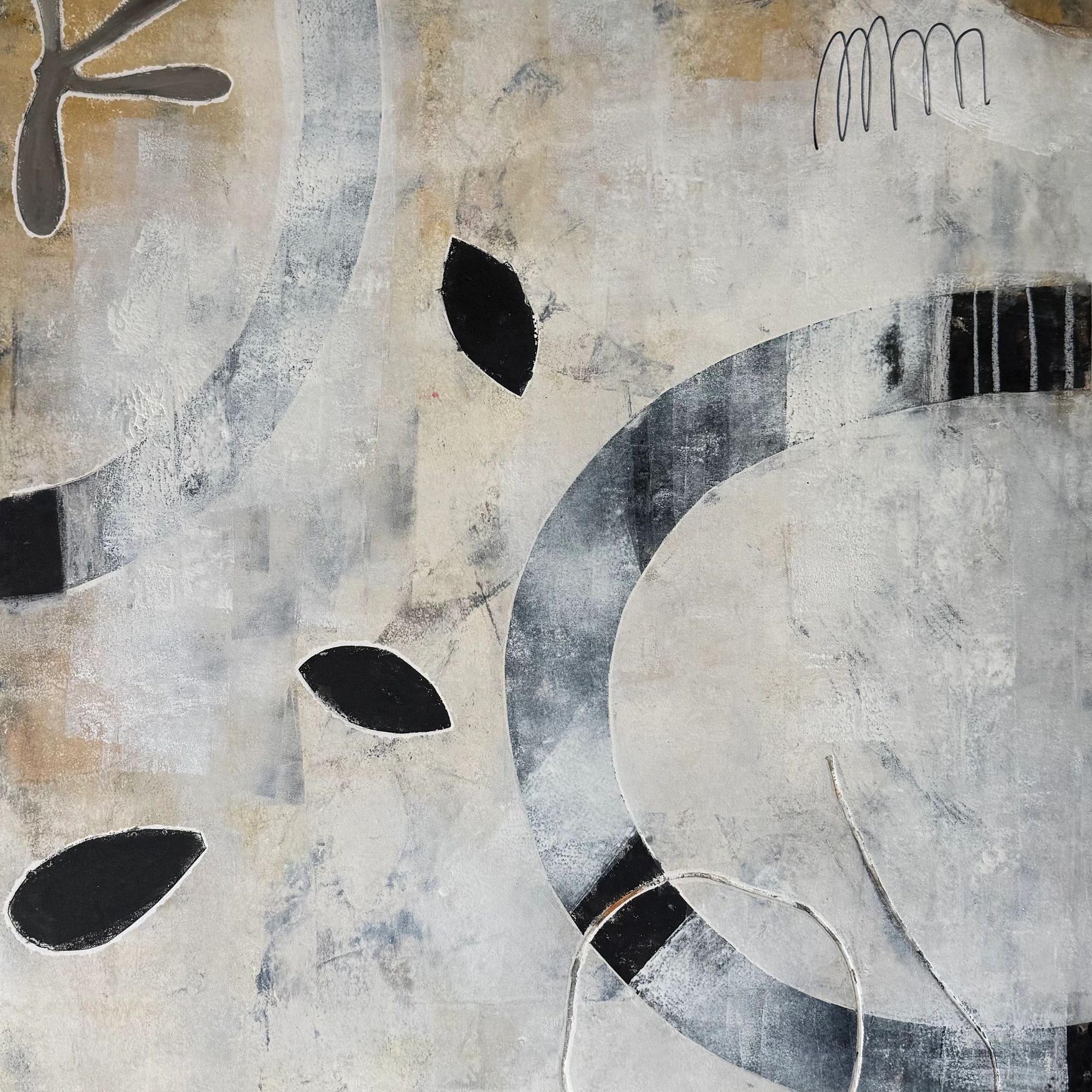 Abstract painting with black shapes and circular patterns on a textured beige background.