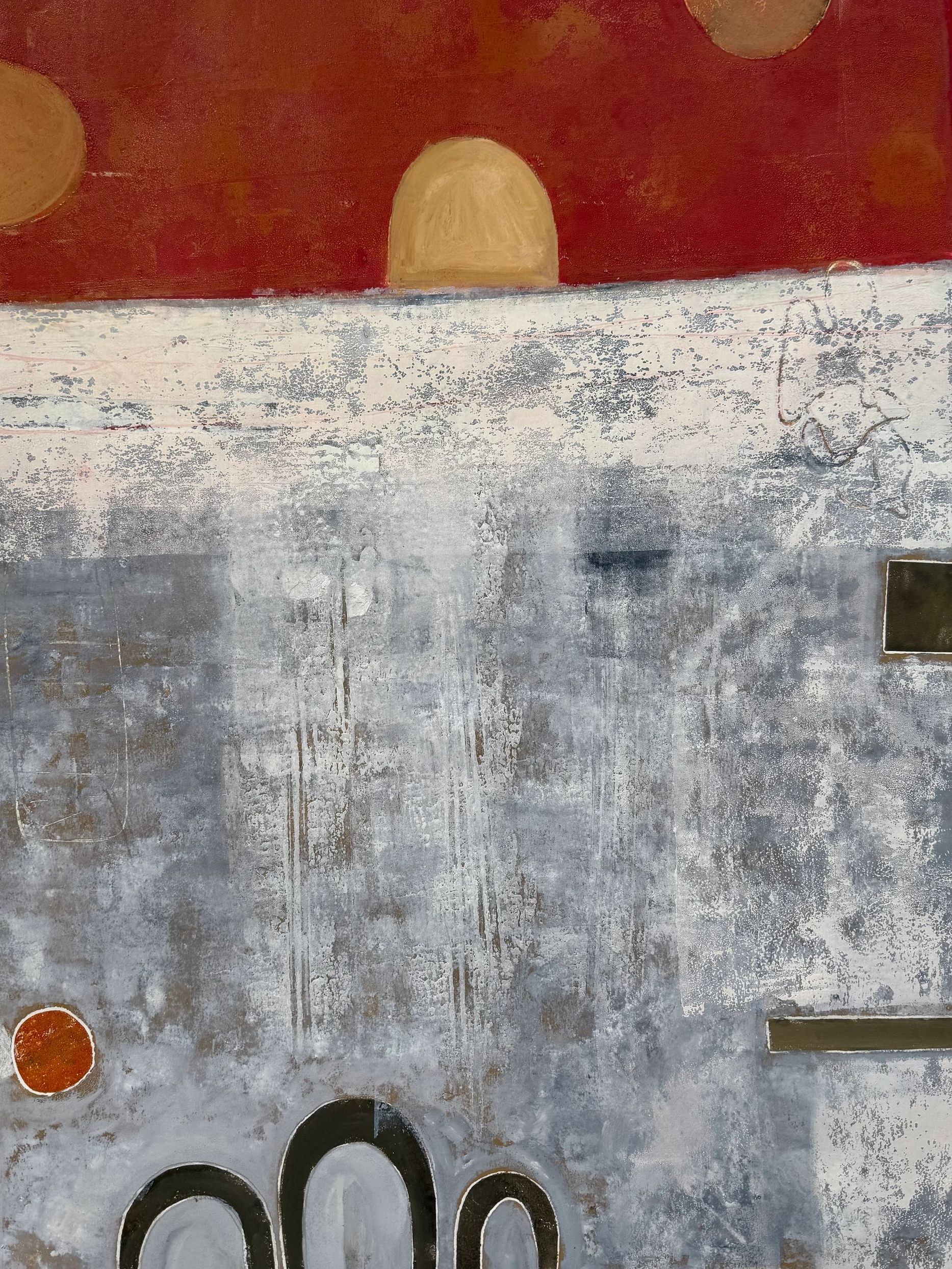 Abstract painting with textured gray, red, and ochre shapes.