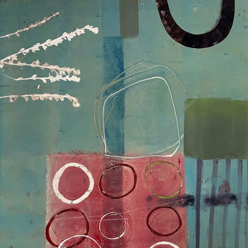 Abstract artwork with circles and geometric shapes in muted colors.