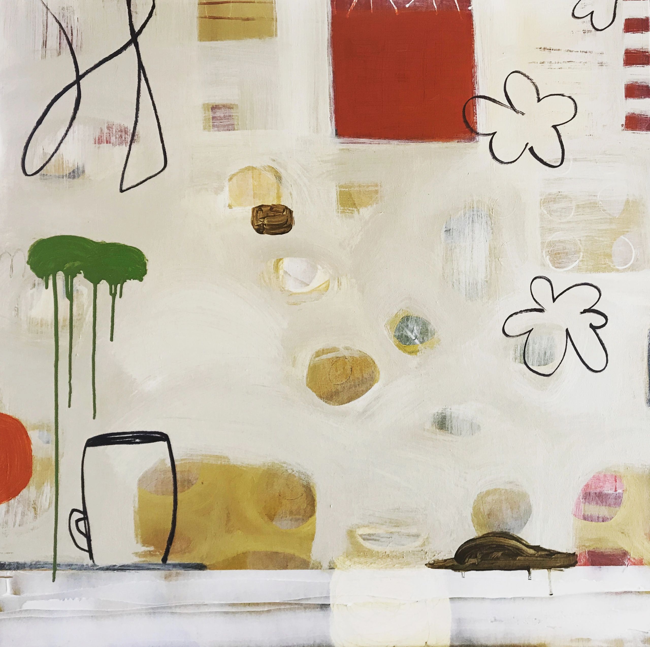 Abstract painting with flowers, shapes, and a cup on a white background.