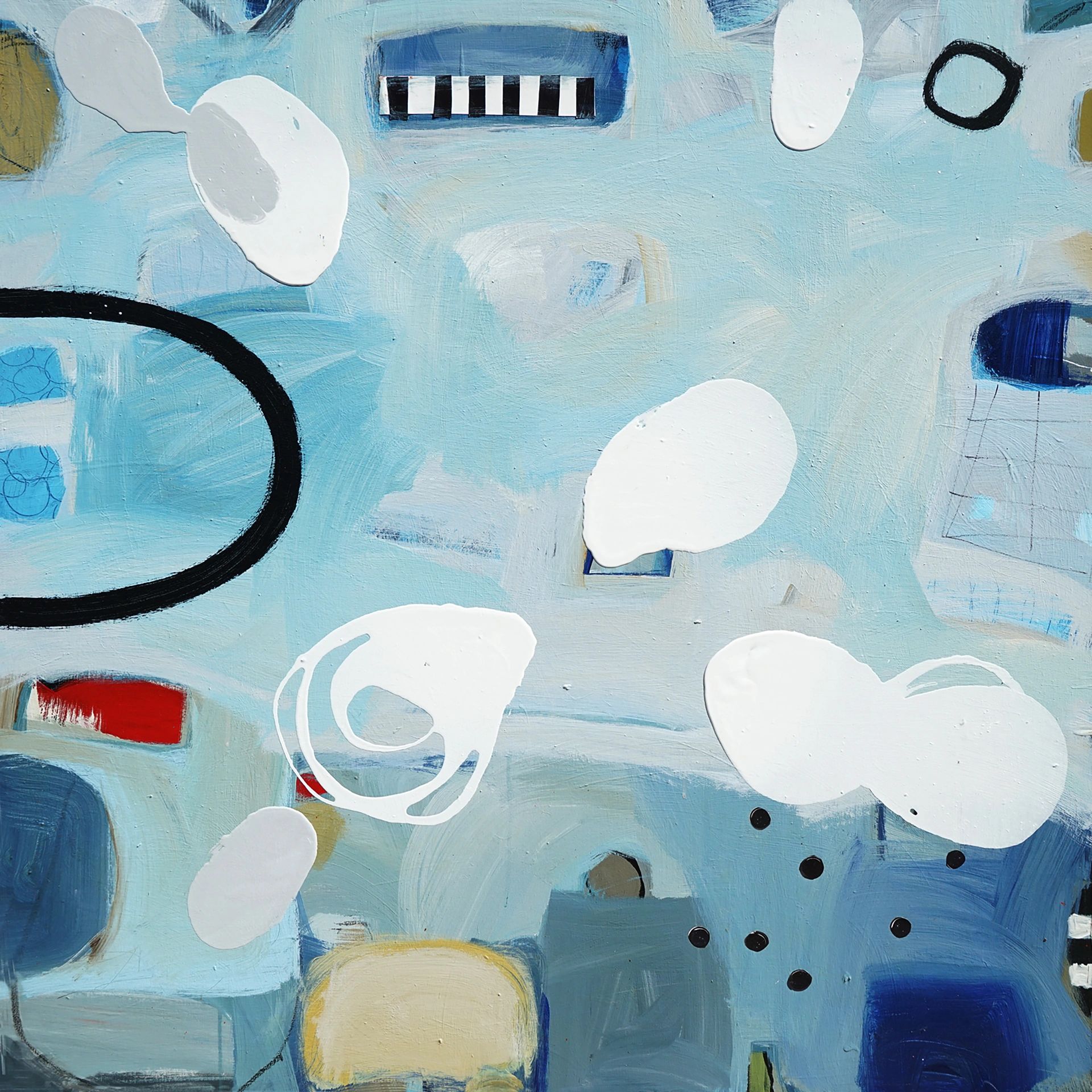 Abstract painting with blue tones and white shapes.