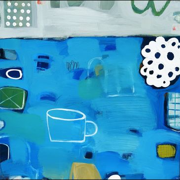Abstract painting with blue background and white cup outline.