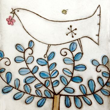 A minimalist bird holding a pink flower perched on a blue-leaved branch.