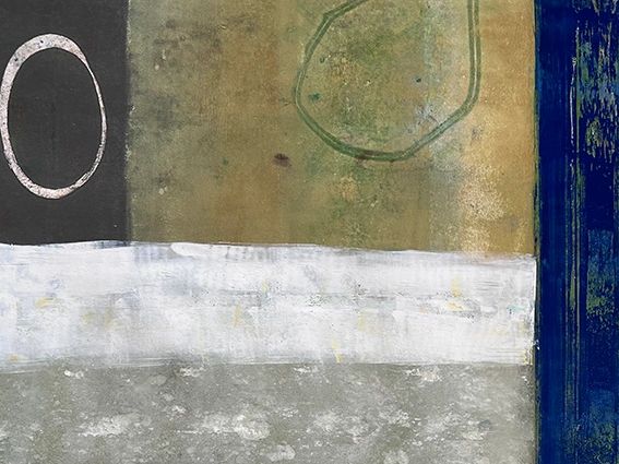 Abstract painting with geometric shapes and textured vertical stripes in muted colors.