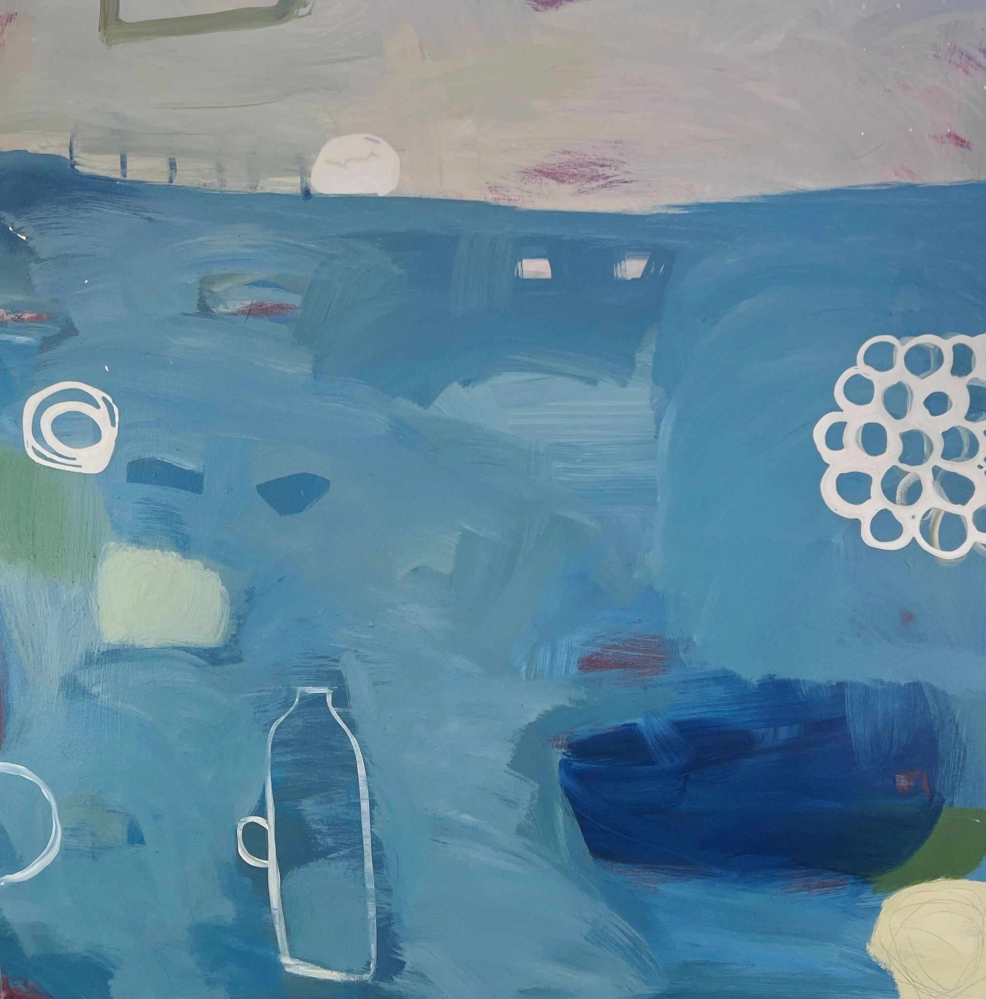 Abstract blue painting with white circular patterns and shapes.
