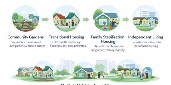 Illustration showing housing progression from community gardens to independent living.