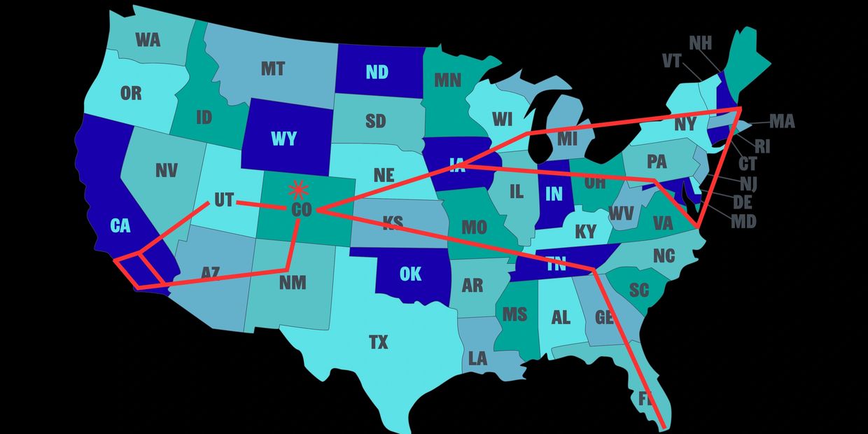 Map of the US with a highlighted red travel route touching several states.