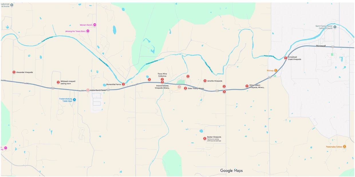 Map showing wineries along Highway 290 near Fredericksburg, Texas.