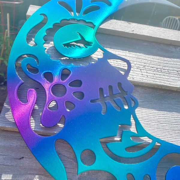 sugar skull moon, in a garden, metal art, island metal arts