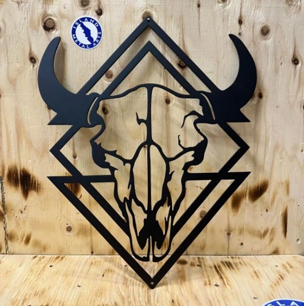 western bull skull, metal art, island metal arts